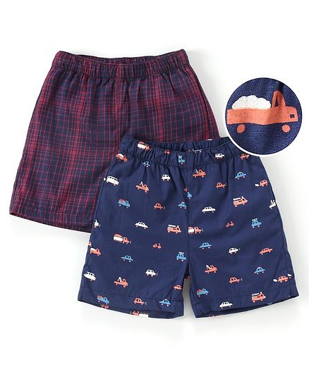 Babyhug 100% Cotton Woven Boxer Set of 2 Printed & Checked - Navy Blue Red