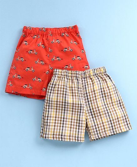 Babyhug 100% Cotton Woven Boxer Set of 2 Printed & Checked - Orange