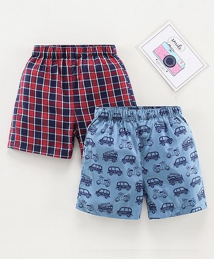 Babyhug 100% Cotton Woven Checks Boxer Car Print Pack of 2 - Red Blue