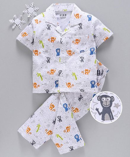 Fido Full Sleeves Night Suit Monkey Print - Light Blue