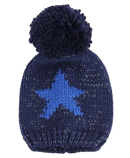 Yellow Bee Boys Knitted Star Pom Pom Beanie Cap - Blue