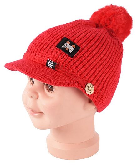 Yellow Bee Pom Pom Cap With Visor - Red