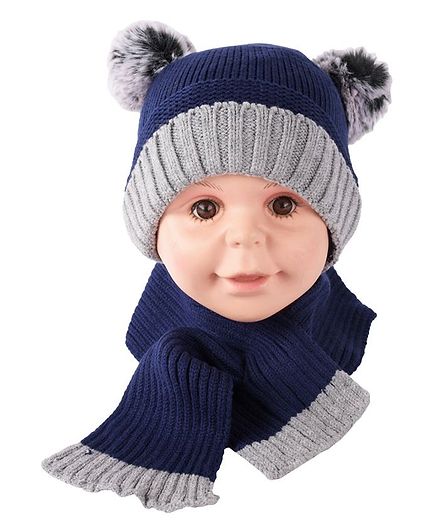 Yellow Bee Hat And Scarf Set With Pom Pom - Blue