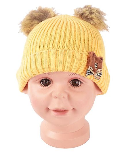 Yellow Bee Pom Pom Hat With Bear And Bow Applique - Yellow