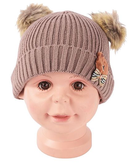 Yellow Bee Pom Pom Hat With Bear And Bow Applique - Brown