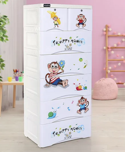 Babyhug 7 Compartment Chest of Drawers with Wheels Monkey Print - White