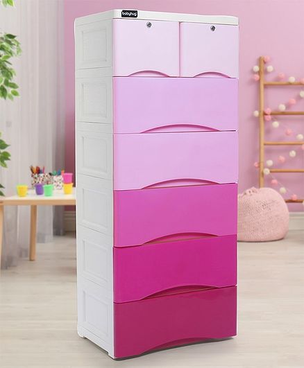 Babyhug 7 Compartment Chest of Drawers with Wheels - Pink & White