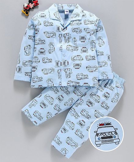 Teddy Full Sleeves Night Suit Vehicle Print - Blue