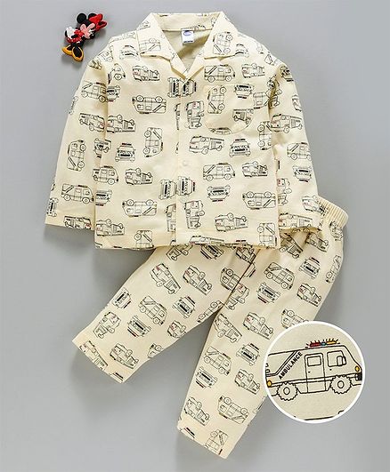 Teddy Full Sleeves Night Suit Vehicle Print - Yellow