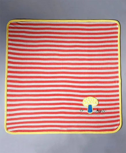 Pranava Super Soft Pure Organic Cotton Blanket With Mushroom Applique - Orange and Beige