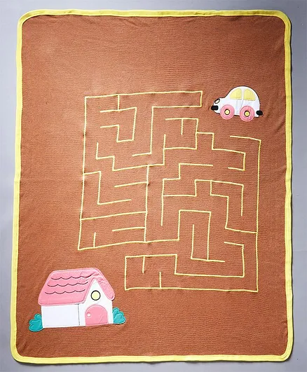 Pranava Super Soft Pure Organic Cotton Blanket With Car And Home Puzzle Applique - Brown