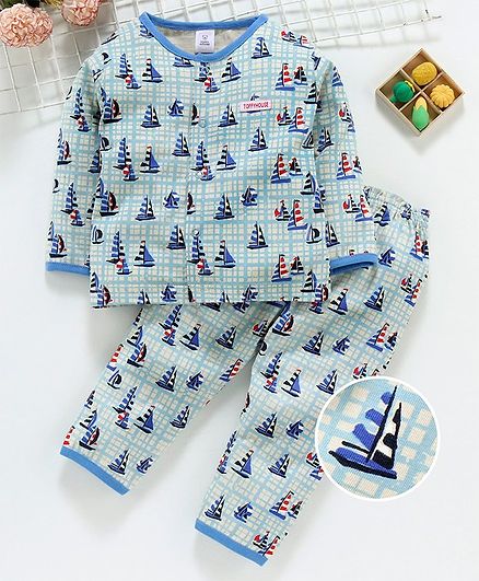 ToffyHouse Full Sleeves Night Suit Boat Print - Blue