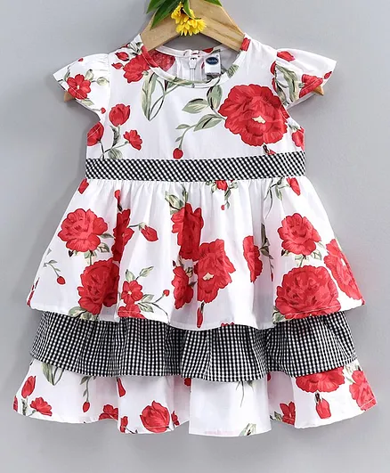 Teddy Cap Sleeves Frock Floral Print - Red White