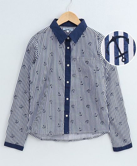 Natilene All Over Anchor Printed Full Sleeves Striped Shirt - White & Navy Blue