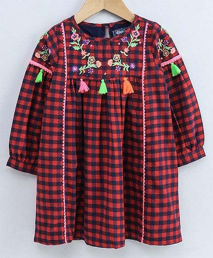 Nauti Nati Full Sleeves Checkered Flower Embroidery Detailing Dress - Red