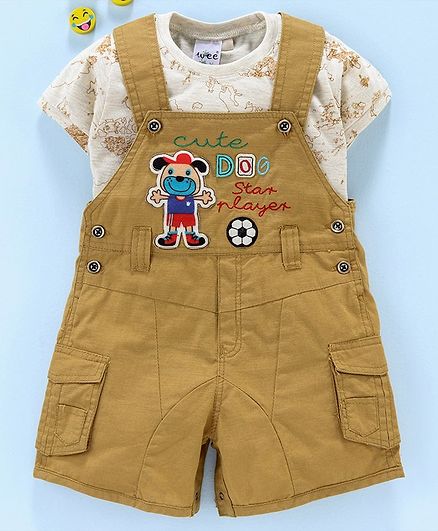 weeBEE Dungaree Style Romper With Inner Half Sleeves Tee Puppy Patch - Ochre Yellow