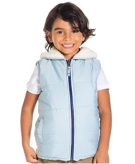 Cherry Crumble by Nitt Hyman Solid Sleeveless Hooded Reversible Jacket - Blue & Off White