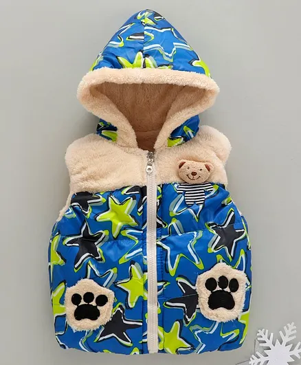 Zonko Style Star Printed Sleeveless Paw Patch Detailed Hooded Jacket - Blue