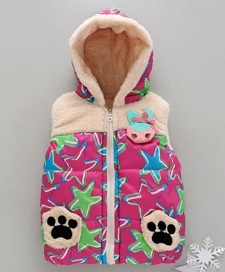 Zonko Style Star Printed Sleeveless Paw Patch Detailed Hooded Jacket - Pink