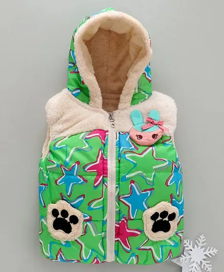 Zonko Style Star Printed Sleeveless Paw Patch Detailed Hooded Jacket - Green