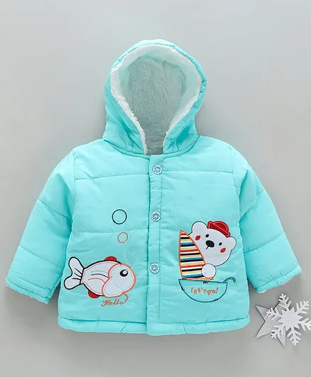 Zonko Style Fish & Teddy Bear Patch Detailed Full Sleeves Hooded Jacket - Sky Blue