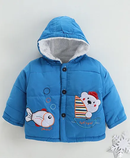 Zonko Style Fish & Teddy Bear Patch Detailed Full Sleeves Hooded Jacket - Blue