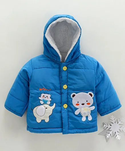 Zonko Style Elephant & Teddy Bear Patch Detailed Full Sleeves Hooded Jacket - Blue