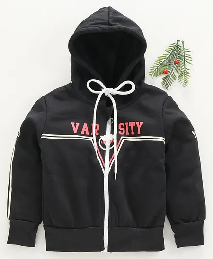 Zonko Style Varsity Printed Full Sleeves Hooded Jacket - Black