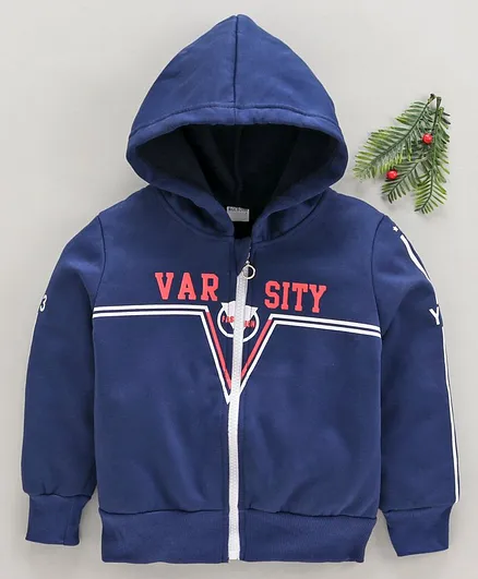 Zonko Style Varsity Printed Full Sleeves Hooded Jacket - Navy Blue