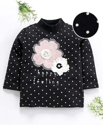 Ventra Dots Print & Flower Detailed Full Sleeves Top - Black