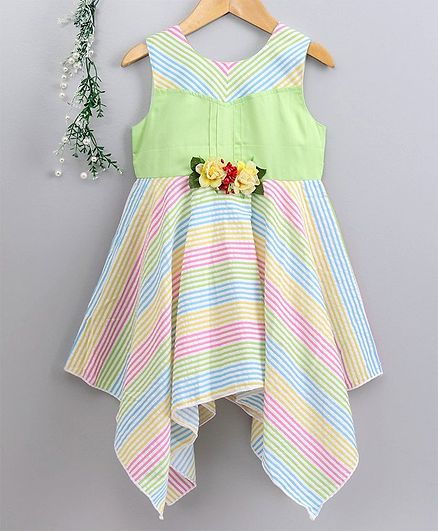 Enfance Core Striped Flower Decorated Sleeveless Dress - Green