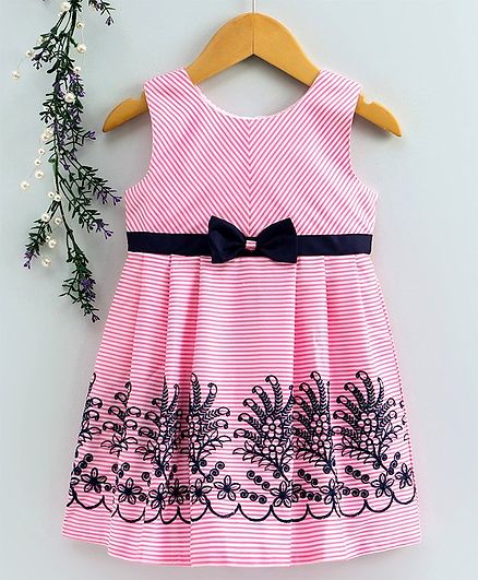 Enfance Core Striped Flower Embroidered Sleeveless Dress - Pink