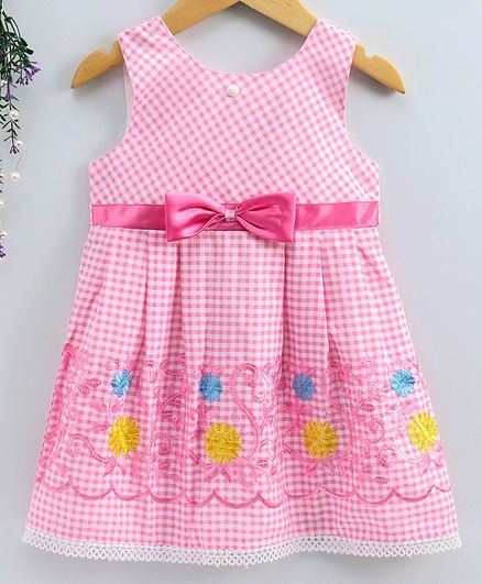 Enfance Core Flower Embroidered Checked Sleeveless Dress - Pink