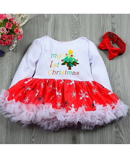 Awabox My First Christmas Print Full Sleeves Dress - White