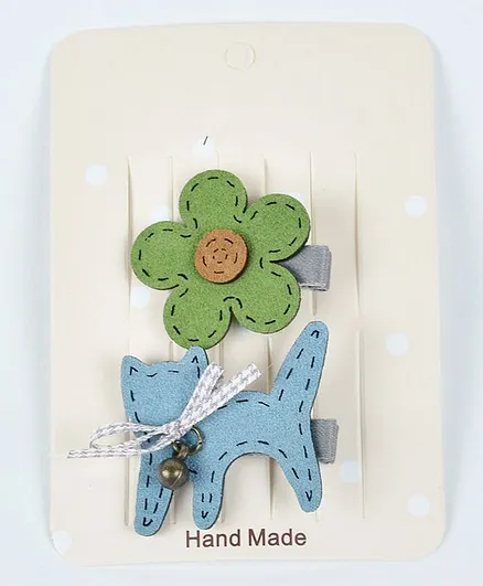 Kidofash Cat And Flower Design Hair Clip Set - Green