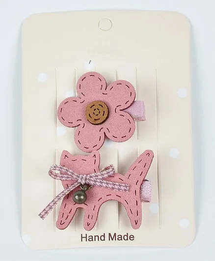Kidofash Cat And Flower Design Hair Clip Set - Baby Pink