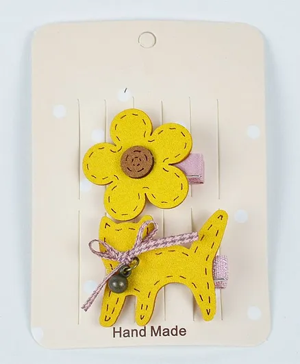 Kidofash Cat And Flower Design Hair Clip Set - Yellow