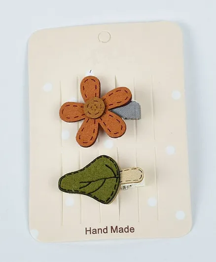 Kidofash Flower & Leaf Pattern Hair Clip Set - Green & Orange
