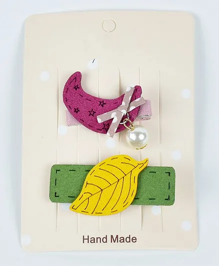 Kidofash Moon And Leaf Pattern Hair Clip Set - Purple & Green