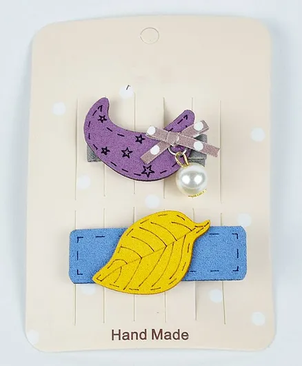 Kidofash Moon And Leaf Pattern Hair Clip Set - Purple & Blue