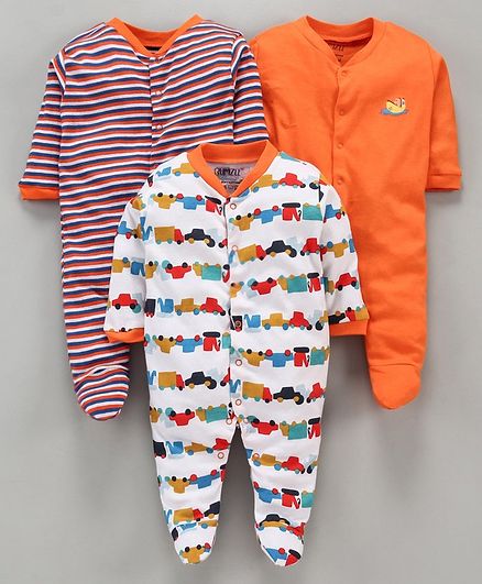 BUMZEE Pack Of 3 Car Print Full Sleeves Sleep Suit - Orange