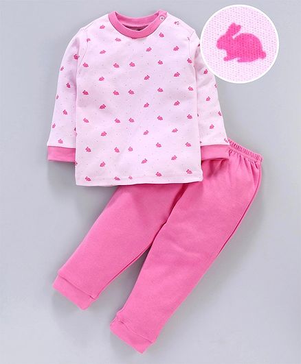 Zero Full Sleeves Tee & Lounge Pant Rabbit Print - Pink