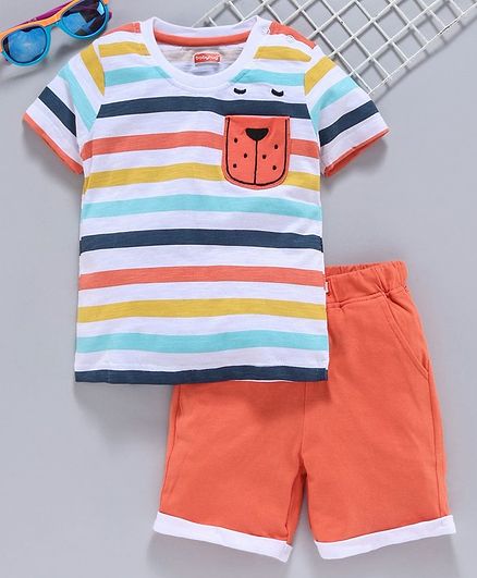 Babyhug Half Sleeves Striped Tee & Shorts - White Peach