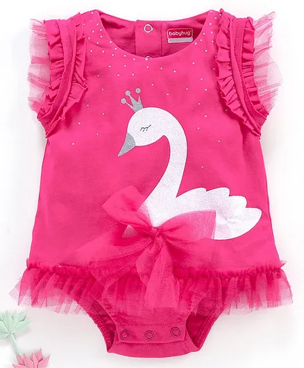 Babyhug 100% Cotton Party Wear Sleeveless Onesie Swan Print - Pink