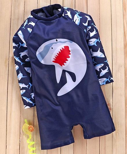 Babyhug Full Sleeves Legged Swimsuit Shark Print - Navy Blue