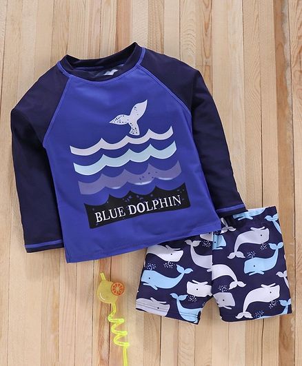 Babyhug Full Sleeves Two Piece Swimsuit Dolphin Print - Blue