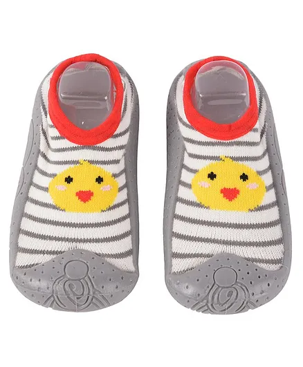 Yellowbee Ankle Length Anti Skid Sock Shoes Striped & Duck Design - Grey White