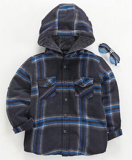 Trendy Cart Full Sleeves Checked Hooded Shirt - Grey