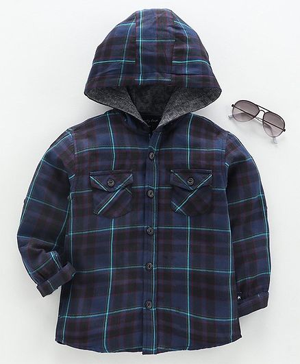 Trendy Cart Full Sleeves Checked Hooded Shirt - Blue