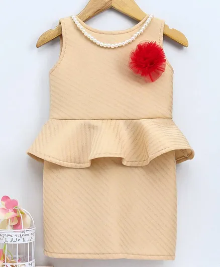 The KidShop Flower Design Sleeveless Peplum Dress With Attached Beaded Necklace - Beige